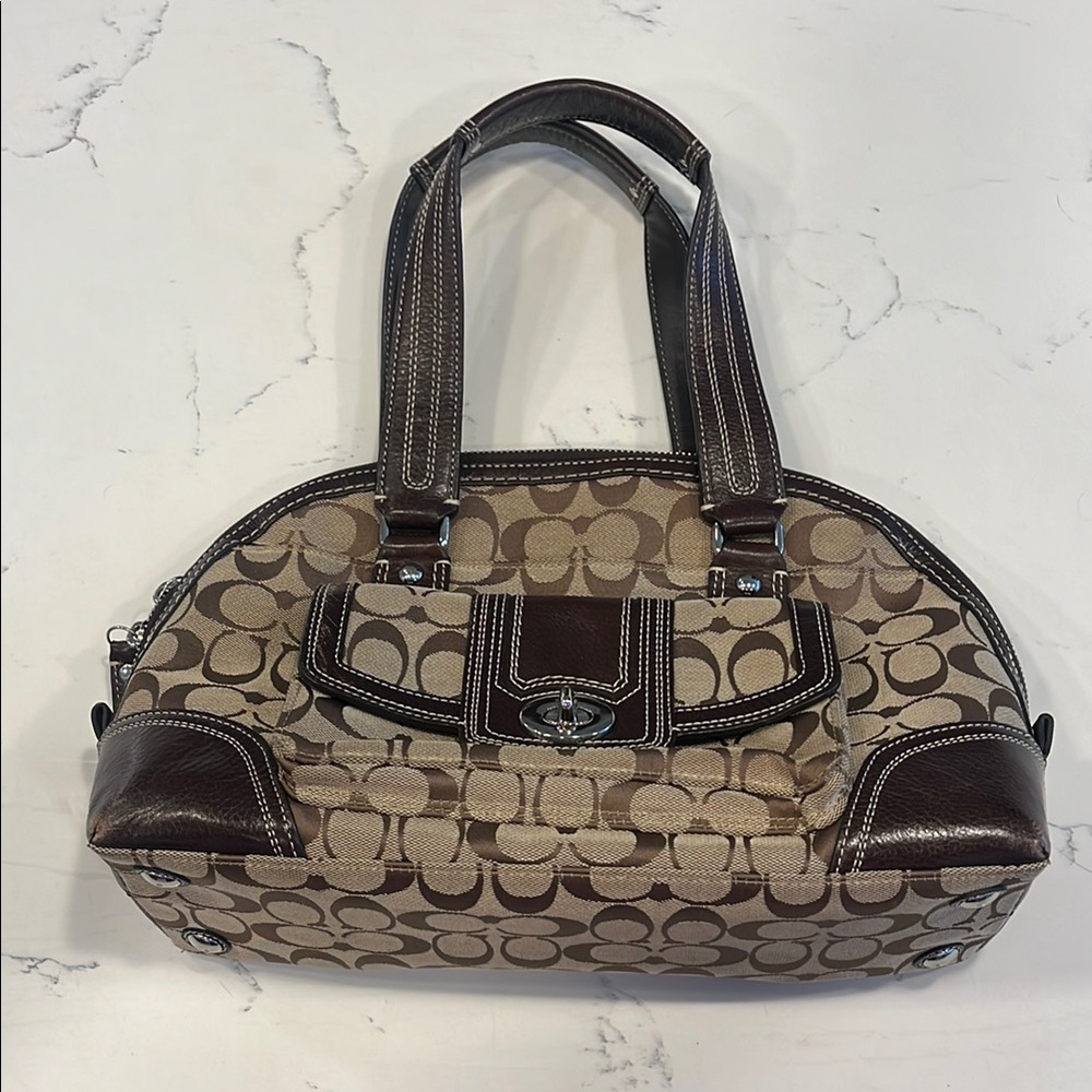 Coach Hampton Signature Monogram Brown Leather & Canvas Satchel Shoulder Bag